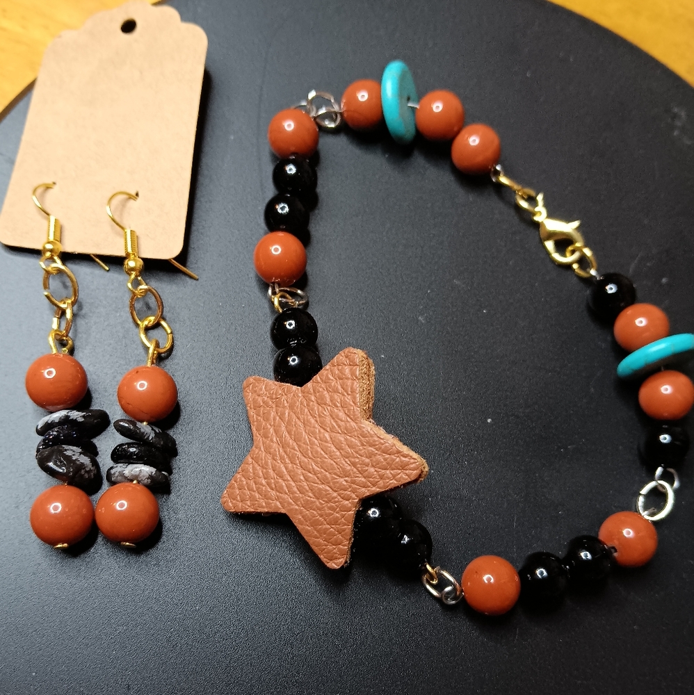 Beaded Red Jasper bracelet with earrings set